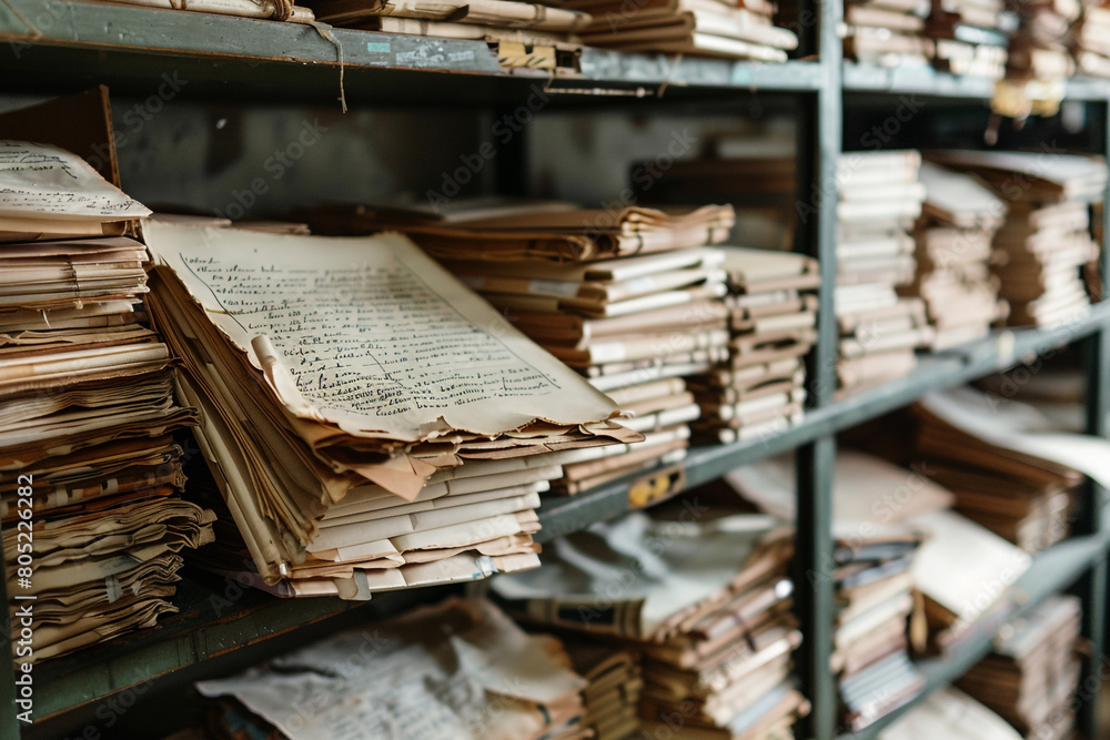 Obraz premium Historical documents and letters in an archive close-up on the preservation of information and memories 