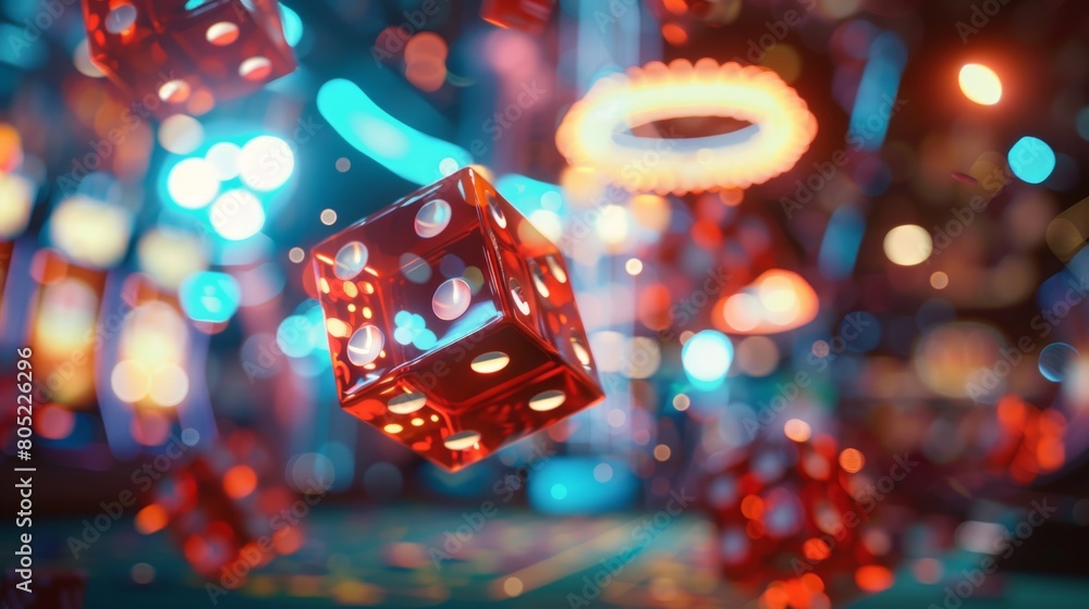 The image showcases a red dice in mid-air, surrounded by a blur of casino lights and vibrancy