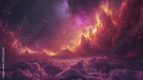 Capturing the fiery red essence of celestial formations and cosmic fog  this image stimulates the imagination