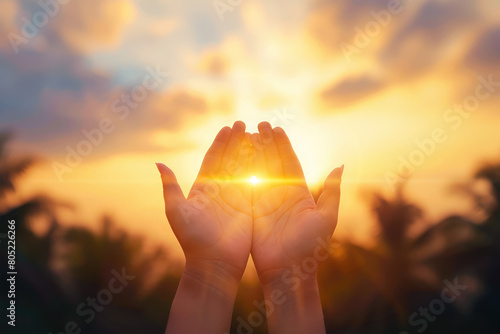 hands of woman make a wish from god on background photo