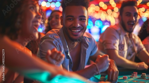 A man with a cheerful smile among friends is depicted in this snapshot of casino life