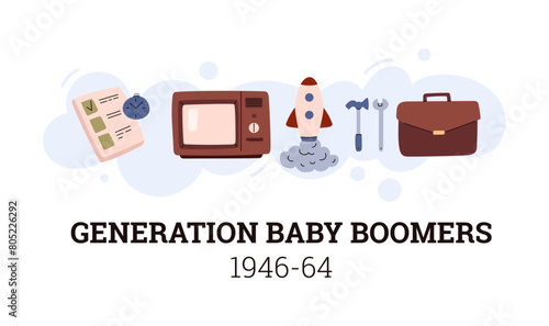 People Generation Baby Boomers 1946-64 social development information vector poster, instrument tools, rocket toy, TV, briefcase, checklist icons