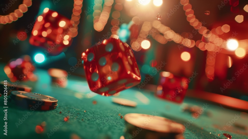 Intense focus on red dice frozen mid-air, bokeh lights enhance the risk and unpredictability of gambling stakes
