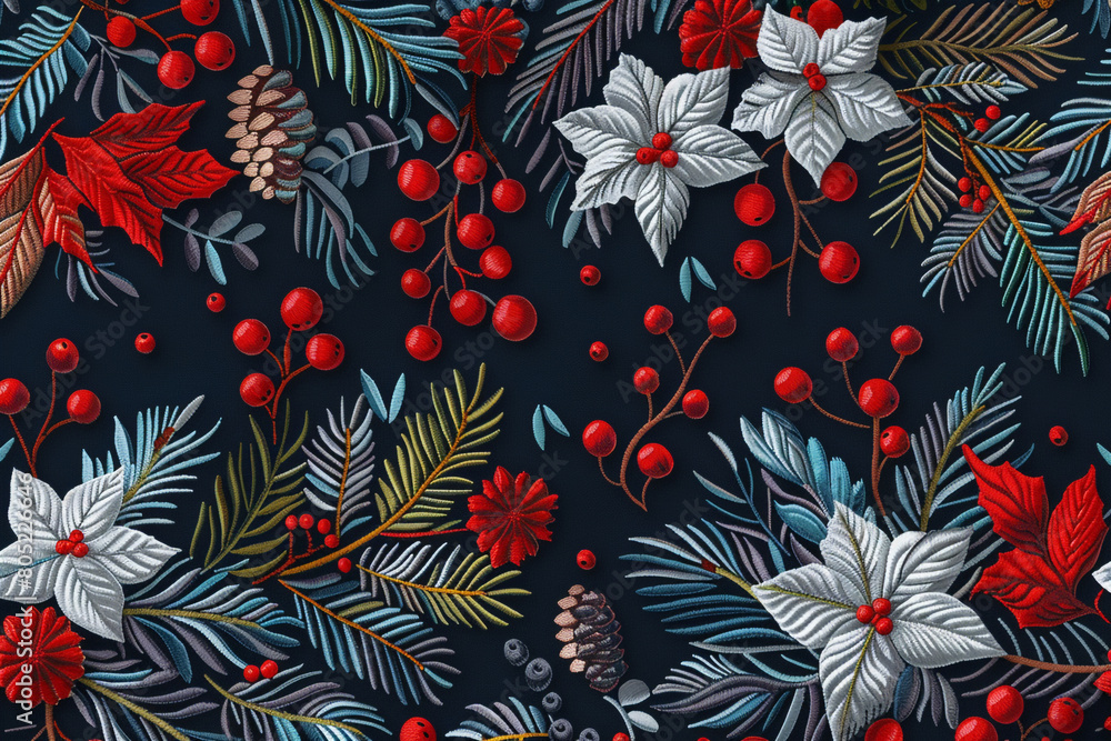 Holiday Embroidery, Festive designs for different holidays and seasons, 2D illustration seamless pattern Holiday Embroidery, Festive designs for different holidays and seasons, 2D illustration seamless pattern