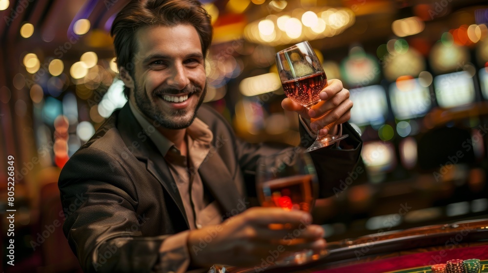 Charismatic man raises glass of wine in a toast at a casino, emblematic of celebration and luxury