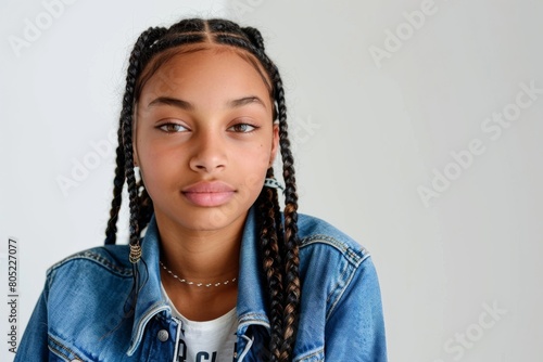 A teenage girl with braided hair wears a denim jacket, gazing thoughtfully in a studio setting