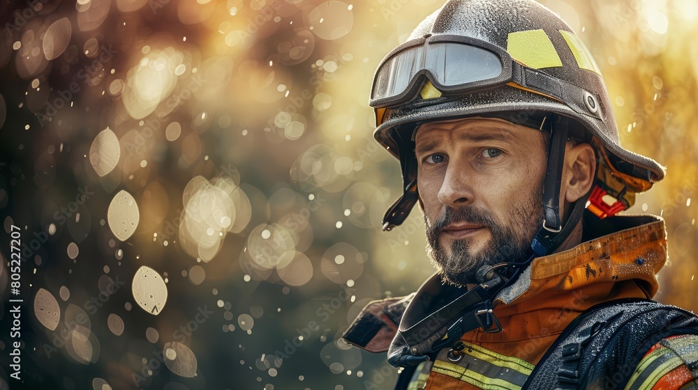About realistic portrait of a firefighter in gear, a charismatic closeup portrait exuding bravery, half body colorful strange bizarre sharpen blur background with copy space About realistic portrait of a firefighter in gear, a charismatic closeup portrait exuding bravery, half body colorful strange bizarre sharpen blur background with copy space