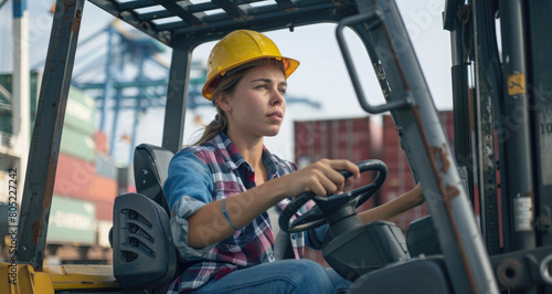 A woman in a hard hat and shirt is driving a forklift at a cargo port