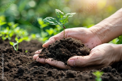 Hands cradling a small sprouting plant with soil, symbolizing care and growth in gardening