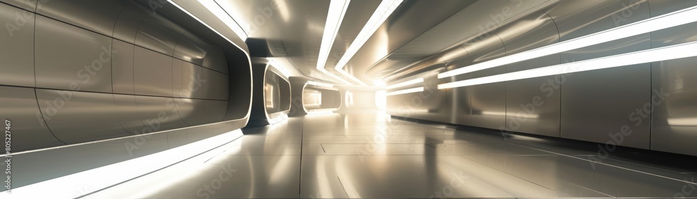 Obraz premium Abstract architecture features stunning lights and light strips in a modern architecture building, Interior 3d render Sharpen highdetail realistic concept