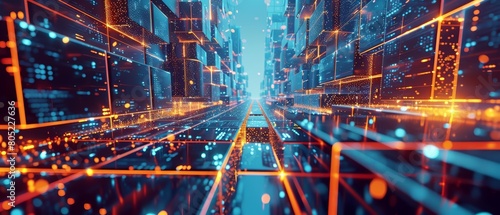 An Abstract modern megacity Background stretches into the horizon with glowing neon skyscrapers towering over bustling streets, Sharpen 3d rendering background photo