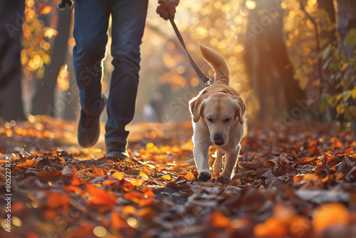 A determined dog pulling its owner along on a brisk morning walk through autumn leaves. photo