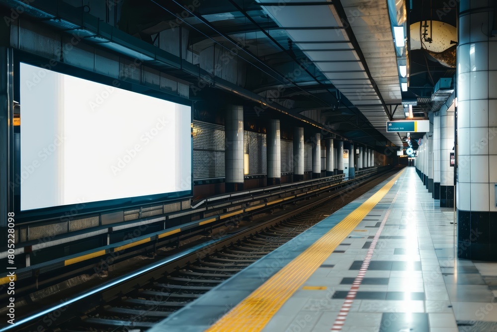 Naklejka premium At a train station in the city, the creative white blank mockup engages daily travelers, white blank poster billboard Sharpen with large copy space