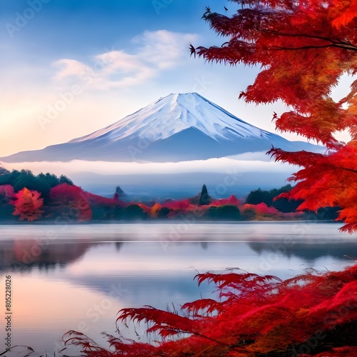 colorful autumn season and mountain fuji with morning fog and red leaves at lake kawaguchiko is one  photo