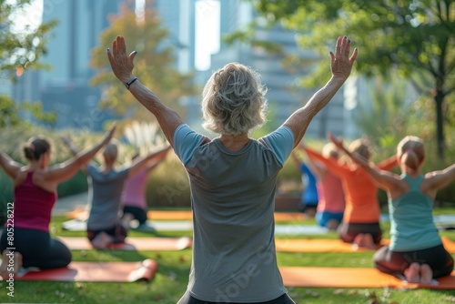 A group of people are practicing yoga in a park