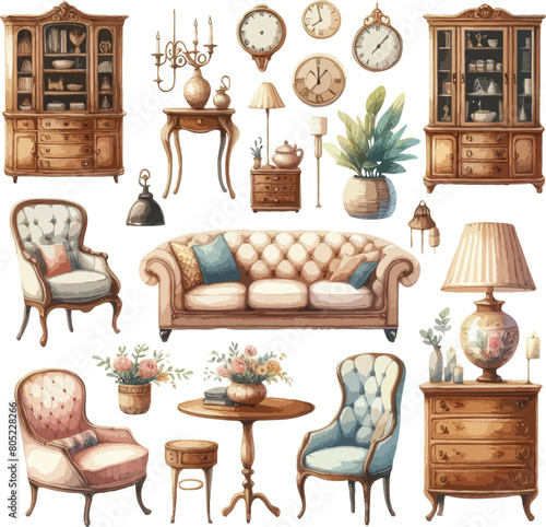 watercolor luxury living interior with furniture set icon