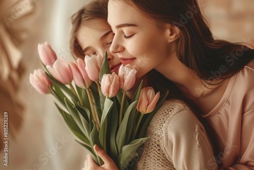 Little daughter hugging her mother and gives her a bouquet of flowers tulips at home. Happy Mother's day concept photo