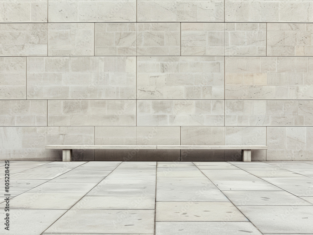 A large white wall with a bench in front of it