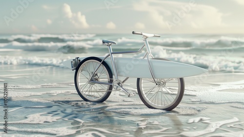 A bicycle on the beach with a surfboard attached