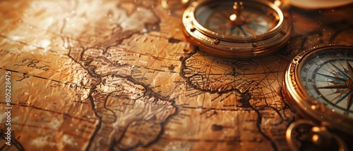 Banner background for an oldworld map theme, featuring vintage compasses and scripts as the element of subject, Sharpen banner background concept 3D with copy space
