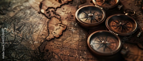Banner background for an oldworld map theme, featuring vintage compasses and scripts as the element of subject, Sharpen banner background concept 3D with copy space photo