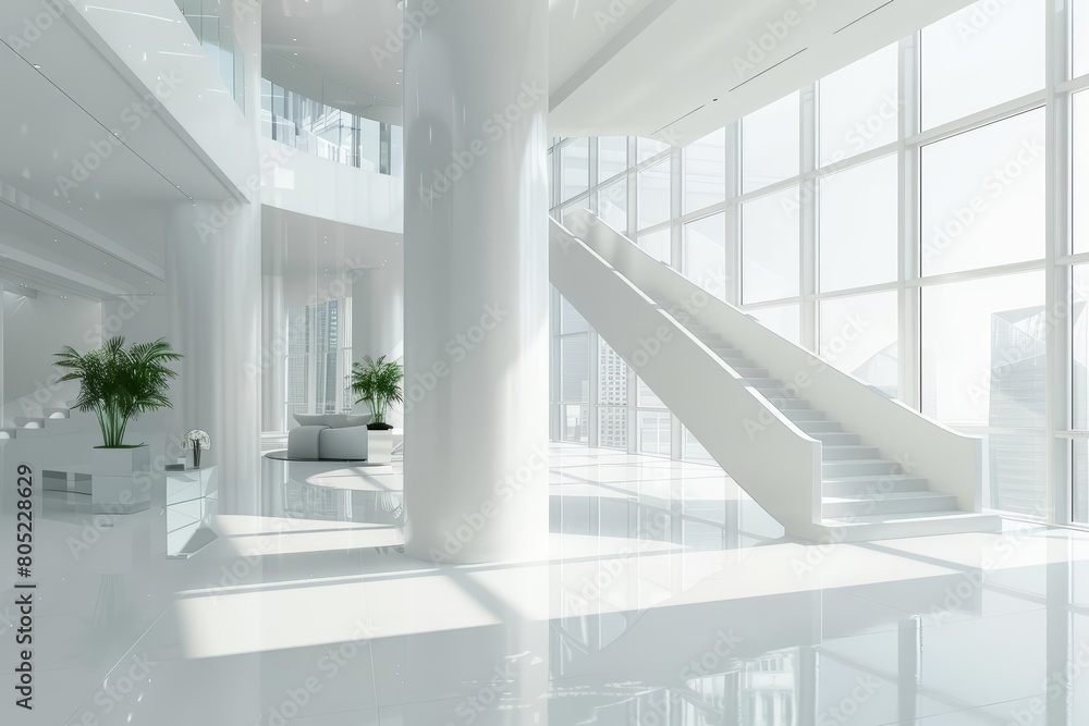 Fototapeta premium Contemporary white building techniques elevate this business and financial skyscraper, Interior 3d render Sharpen highdetail realistic concept