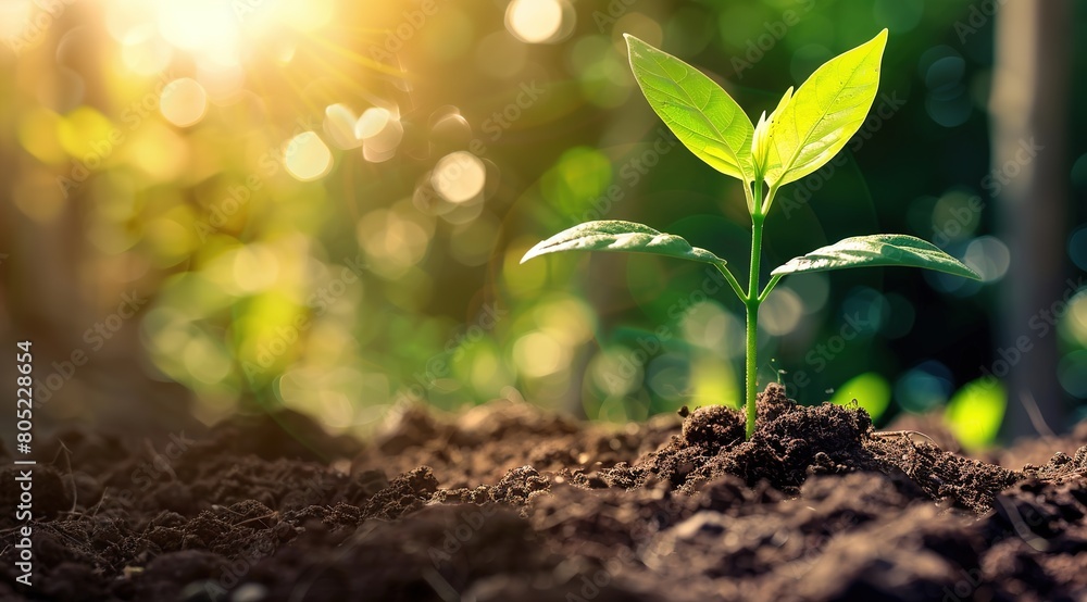 Photo of a young green plant emerging from the soil Photo of a young green plant emerging from the soil