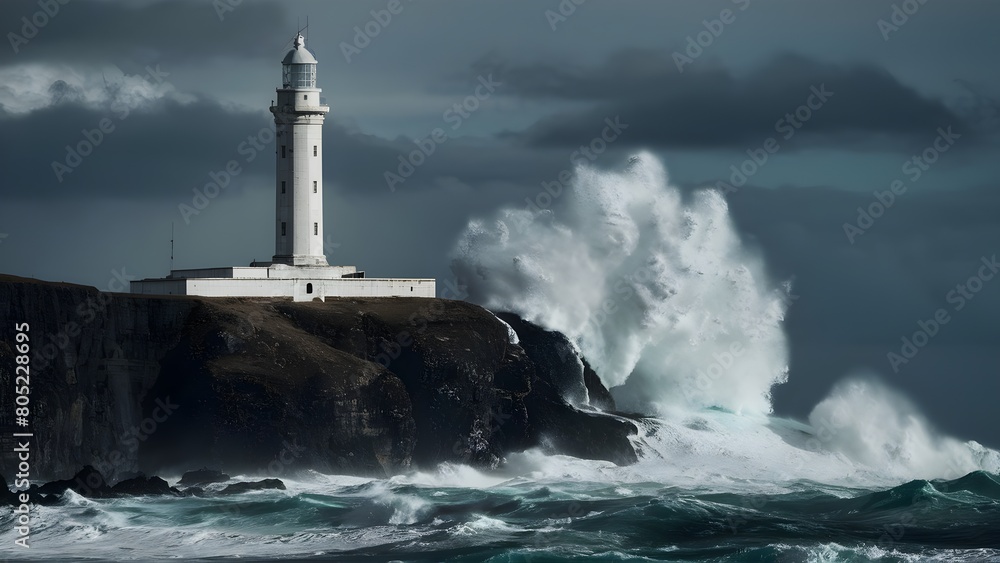 Storm waves over the Lighthouse in a cloudy day