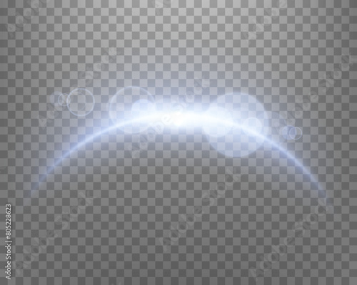 Blue magic arch with glowing particles, sunlight lens flare. Neon realistic energy flare arch. Abstract light effect on a transparent background. Vector illustration.