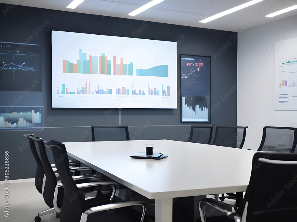 Blurred office background. Modern Empty Meeting Room with Big Conference Table with Various Documents and Laptop on it. Wall TV Showing Company Statistics, Graphs. Late Evening or Night Blurred office background. Modern Empty Meeting Room with Big Conference Table with Various Documents and Laptop on it. Wall TV Showing Company Statistics, Graphs. Late Evening or Night