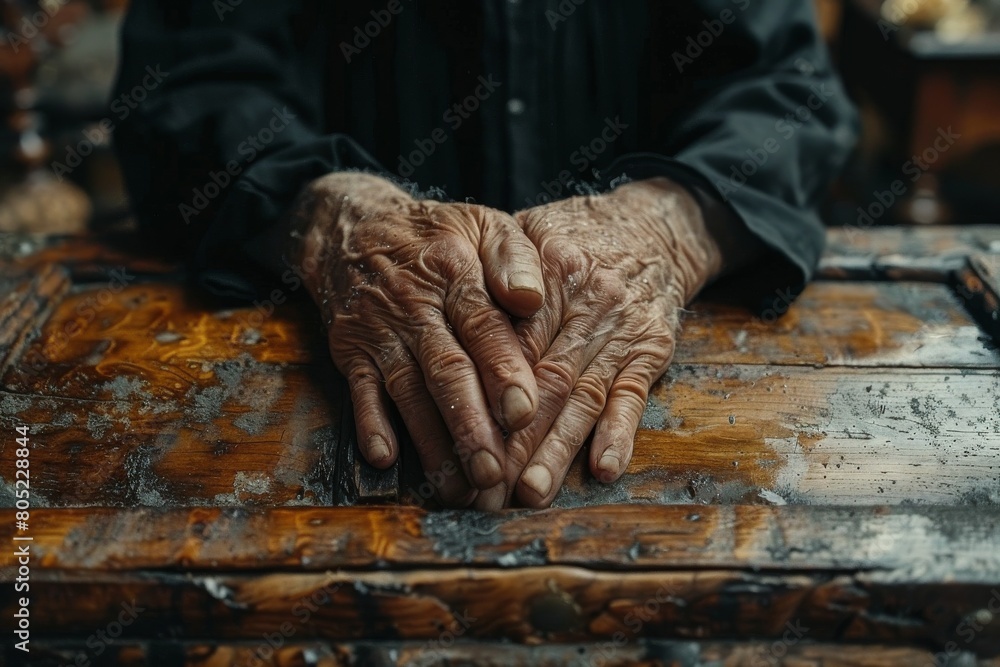 A close-up of old hands showing detailed texture and life experience as they rest on a rustic wooden surface Time and age are captured in this powerful image A close-up of old hands showing detailed texture and life experience as they rest on a rustic wooden surface Time and age are captured in this powerful image
