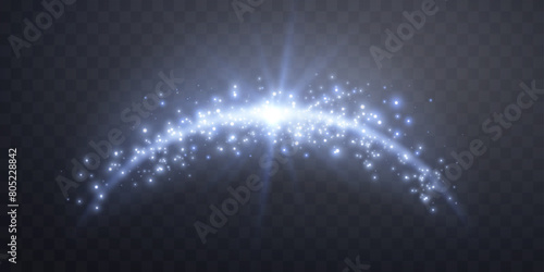 Blue magic arch with glowing particles, sunlight lens flare. Neon realistic energy flare arch. Abstract light effect on a transparent background. Vector illustration.