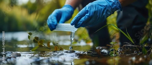 Environmental scientists test water purity using portable hightech sensors, Sharpen close up hitech concept with blur background photo