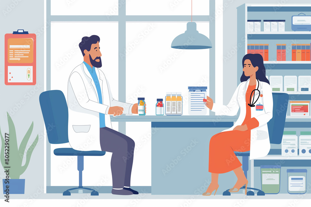 Doctor Discussing Medical Results With Patient in Pharmacy Office Doctor Discussing Medical Results With Patient in Pharmacy Office