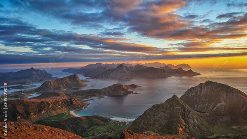 Coastal mountain view from Mt Himmeltinden of west side of the Lofoten islands, Lofoten and Vesteral Islands, Nordland, Norway photo