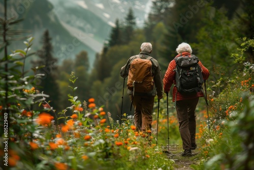 Two older men are walking on a trail in the woods © Woraphon