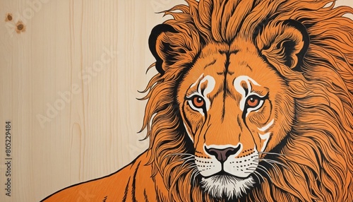 lion woodblock print with orange background photo