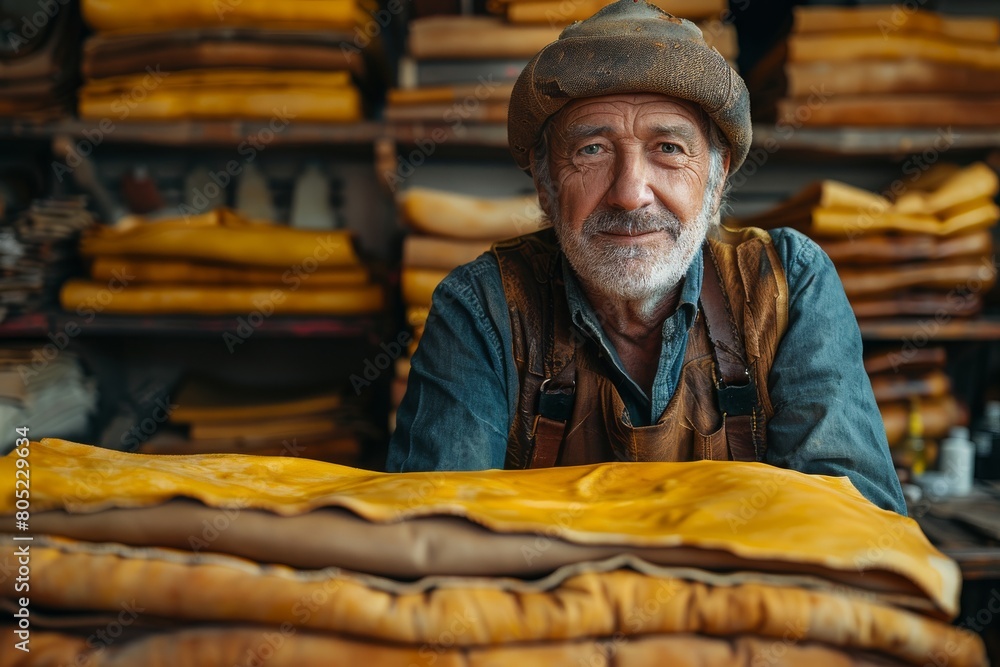 An elderly man with a beard wearing a cap and work apron stands in a fabric shop surrounded by textiles An elderly man with a beard wearing a cap and work apron stands in a fabric shop surrounded by textiles