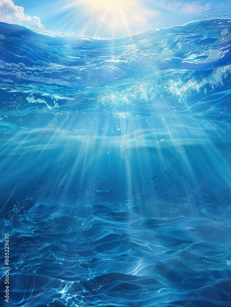 ocean blue underwater waves with sun beam clear view realistic, world oceans day poster and copy space - generative ai ocean blue underwater waves with sun beam clear view realistic, world oceans day poster and copy space - generative ai