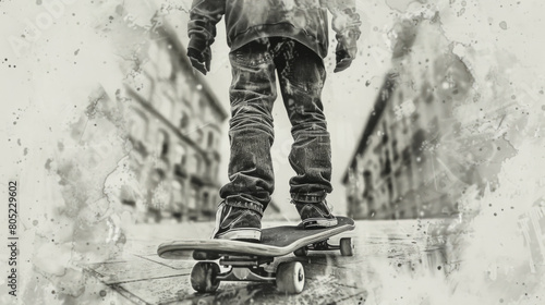 A detailed pencil drawing of a teenager with a skateboard in an urban setting, capturing a casual street style.