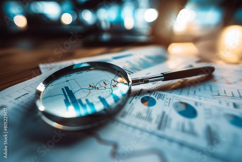 A magnifying glass over financial charts and graphs