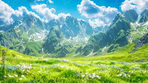 Lush Mountain Meadow in Summer, Panoramic Views of the Caucasus, Adventure and Beauty in Nature photo