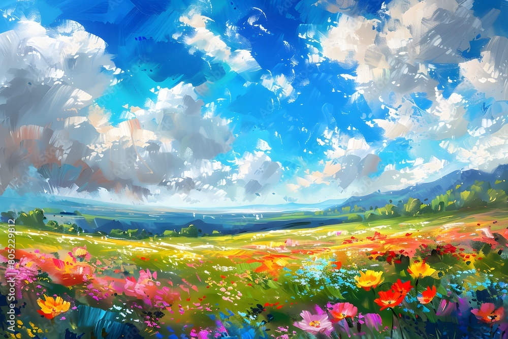 Landscape Painting of a Colorful Floral Field with Dynamic Sky and Scenic Backdrop