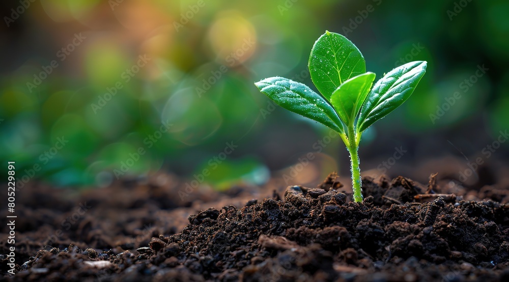 Photo of a young green plant emerging from the soil Photo of a young green plant emerging from the soil