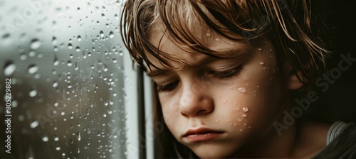 Young child with a forlorn expression staring out the train window lost in deep thought photo