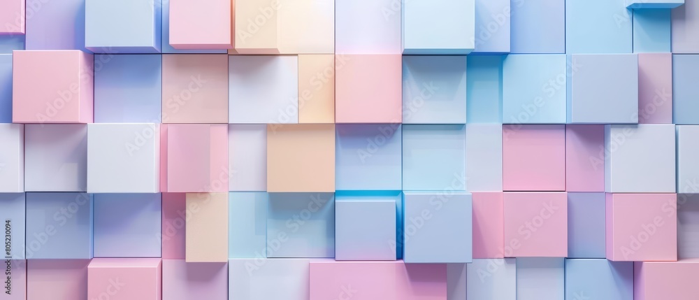 Pastel tone geometric shapes overlay a White square pattern, combining simplicity with vibrant colors, Sharpen 3d rendering background