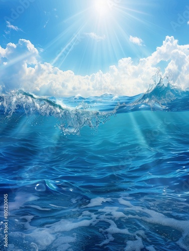 ocean blue underwater waves with sun beam clear view realistic, world oceans day poster and copy space - generative ai