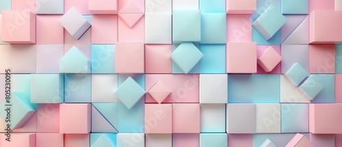 Pastel tone geometric shapes overlay a White square pattern, combining simplicity with vibrant colors, Sharpen 3d rendering background photo