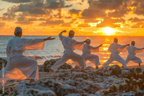 A group of people are practicing tai chi on a beach photo