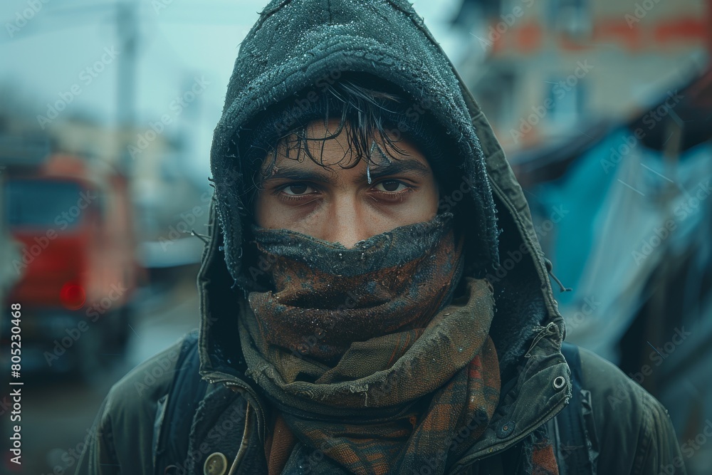 Mystery shrouds this image of a person in a hood and jacket standing on an urban street corner, face obscured Mystery shrouds this image of a person in a hood and jacket standing on an urban street corner, face obscured